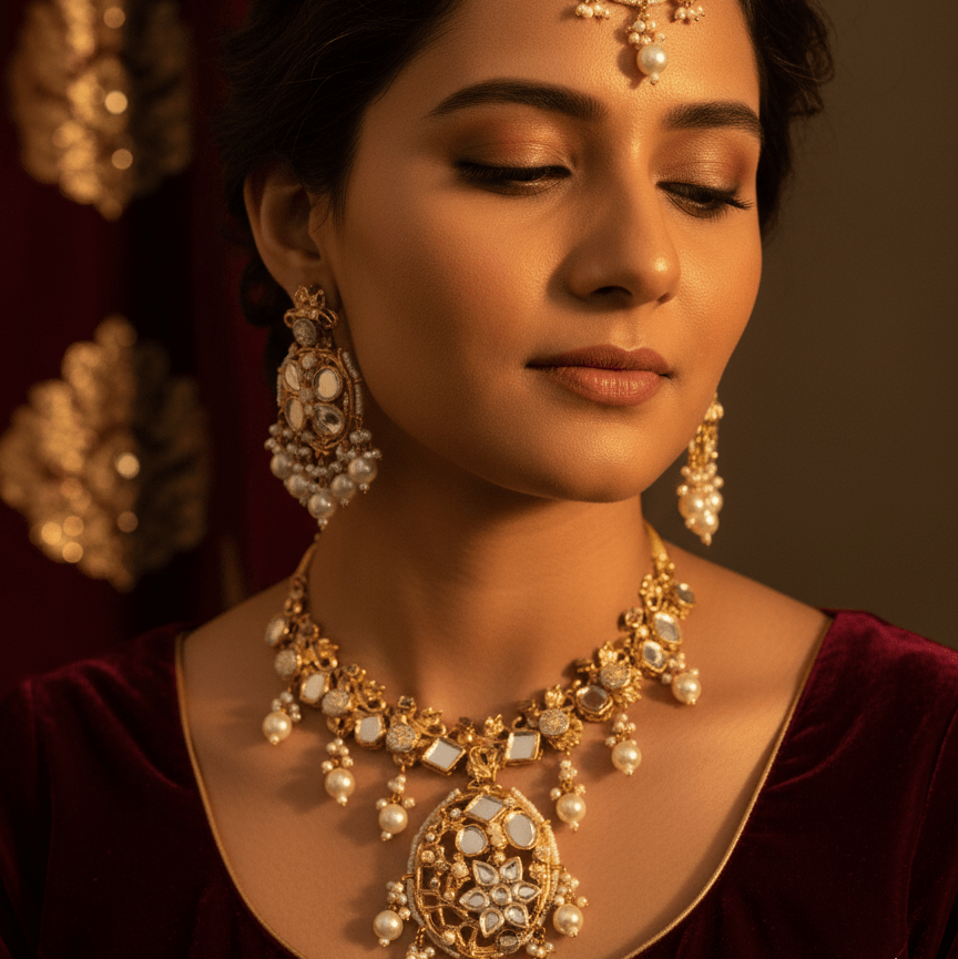 Palace of Pearls Necklace Set - 22K Gold Plated Pearl Jewelry with Earrings - Riwaaj