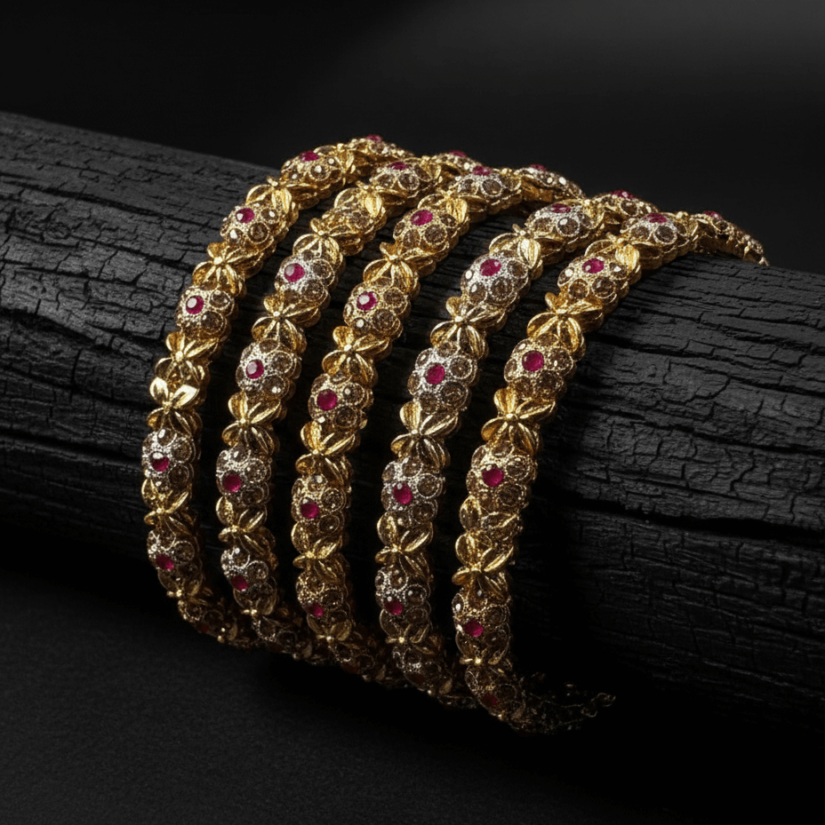Royal Ruby Zirconia Kada Bangles - 22K Gold Plated Indian Bracelet Set