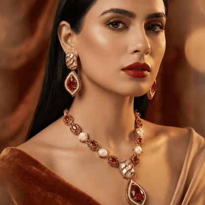 Anatolian Pearl & Ruby Jewelry Set - Turkish Gold Plated Necklace & Earrings - Riwaaj