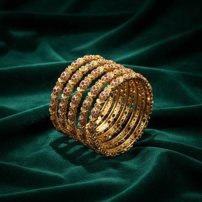 Royal Ruby Zirconia Kada Bangles - 22K Gold Plated Indian Bracelet Set