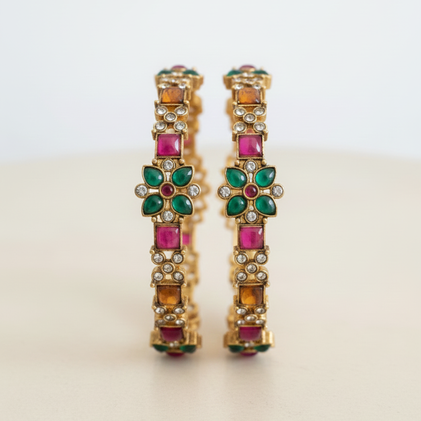 Ruby Emerald Floral Bangles - 22K Gold Plated Indian Bracelets