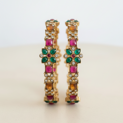 Ruby Emerald Floral Bangles - 22K Gold Plated Indian Bracelets