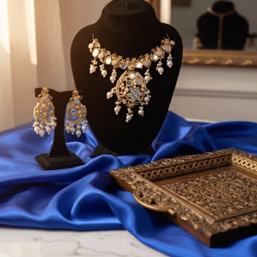 Palace of Pearls Necklace Set - 22K Gold Plated Pearl Jewelry with Earrings - Riwaaj
