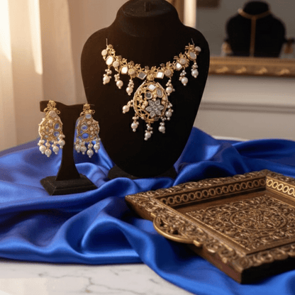 Palace of Pearls Necklace Set - 22K Gold Plated Pearl Jewelry with Earrings - Riwaaj