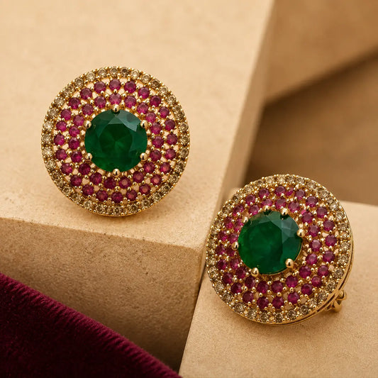 Green Zarmina ruby halo gold plated crystal statement stud earrings