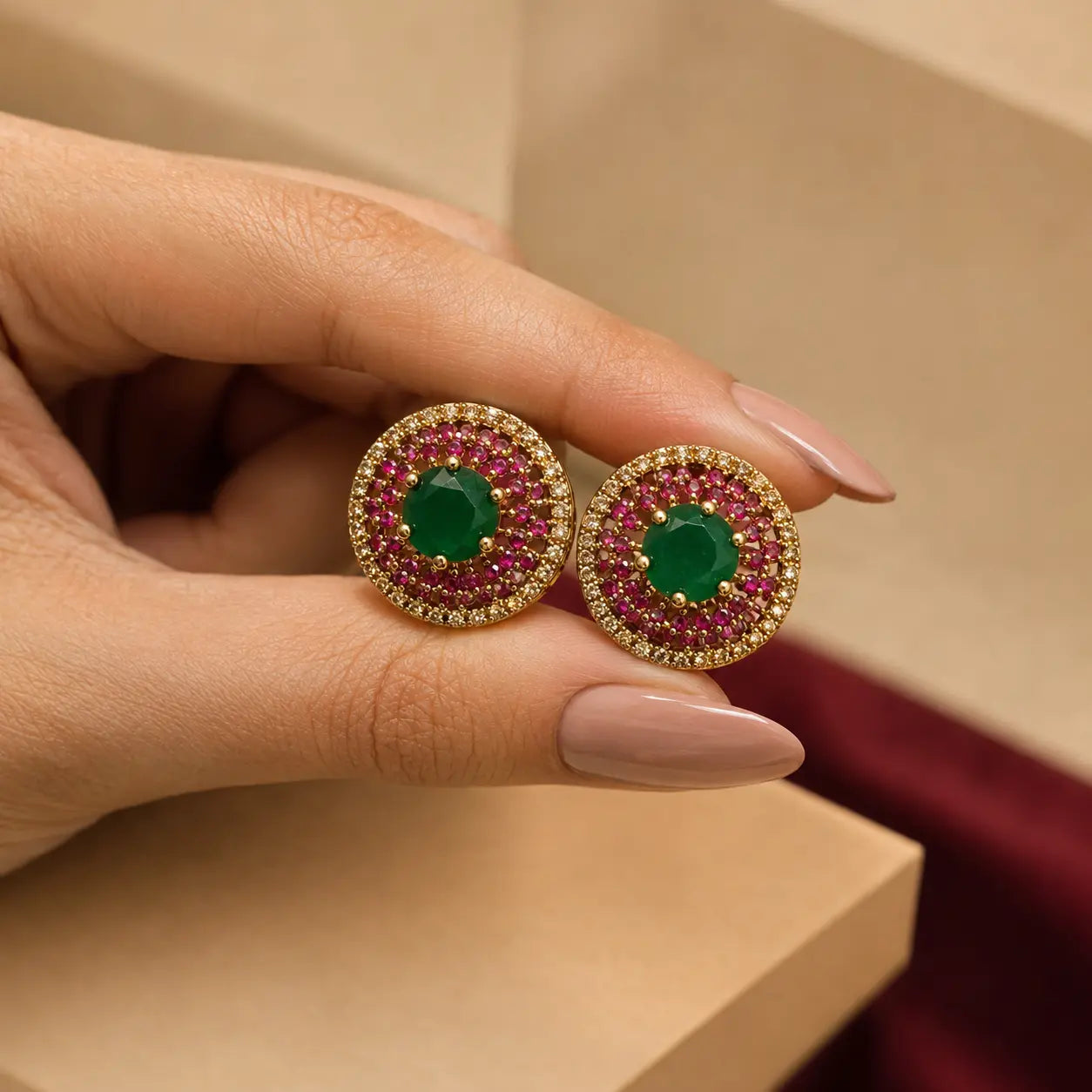 Green Zarmina ruby halo gold plated crystal statement stud earrings