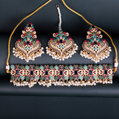 Encrusted Navratan Necklace Set
