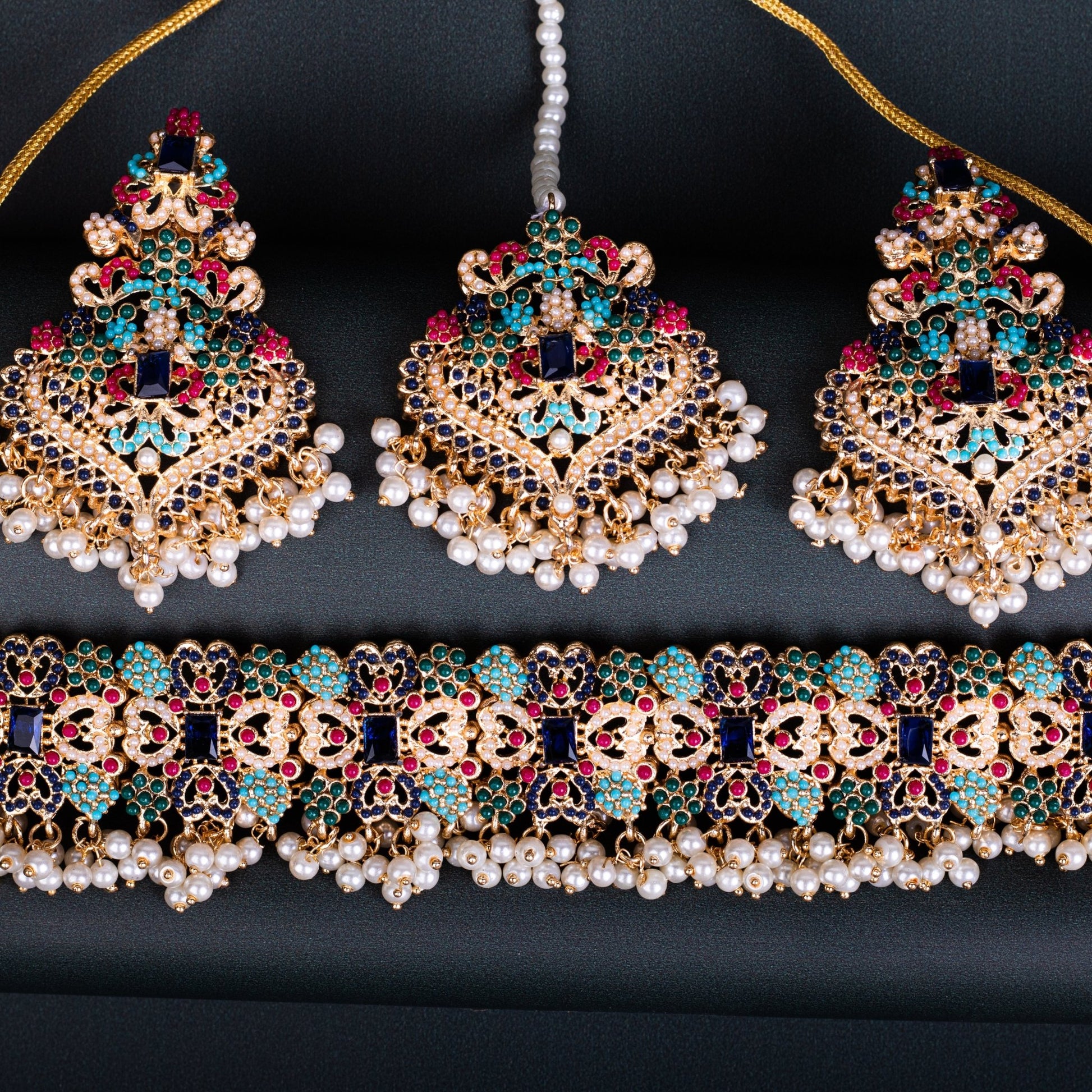 Encrusted Navratan Necklace Set - Riwaaj