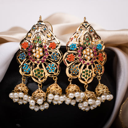 Multi Navratan Jhumka Earrings - Gold Plated with Ruby & Emerald