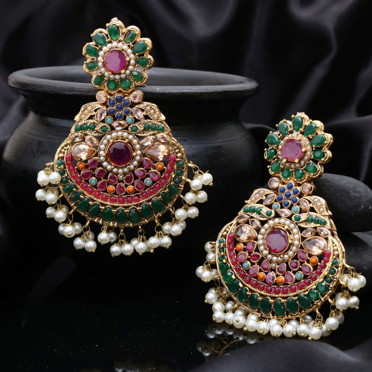 Lavish Nauratan Earrings - Premium 9 - Stone Statement Jewelry - Riwaaj