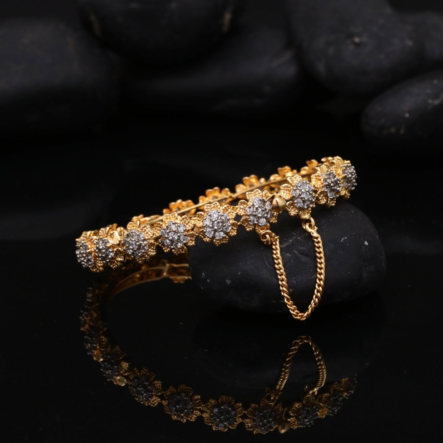 22K Gold Plated Zirconia Bangle | Adjustable Cuff Bracelet - Riwaaj