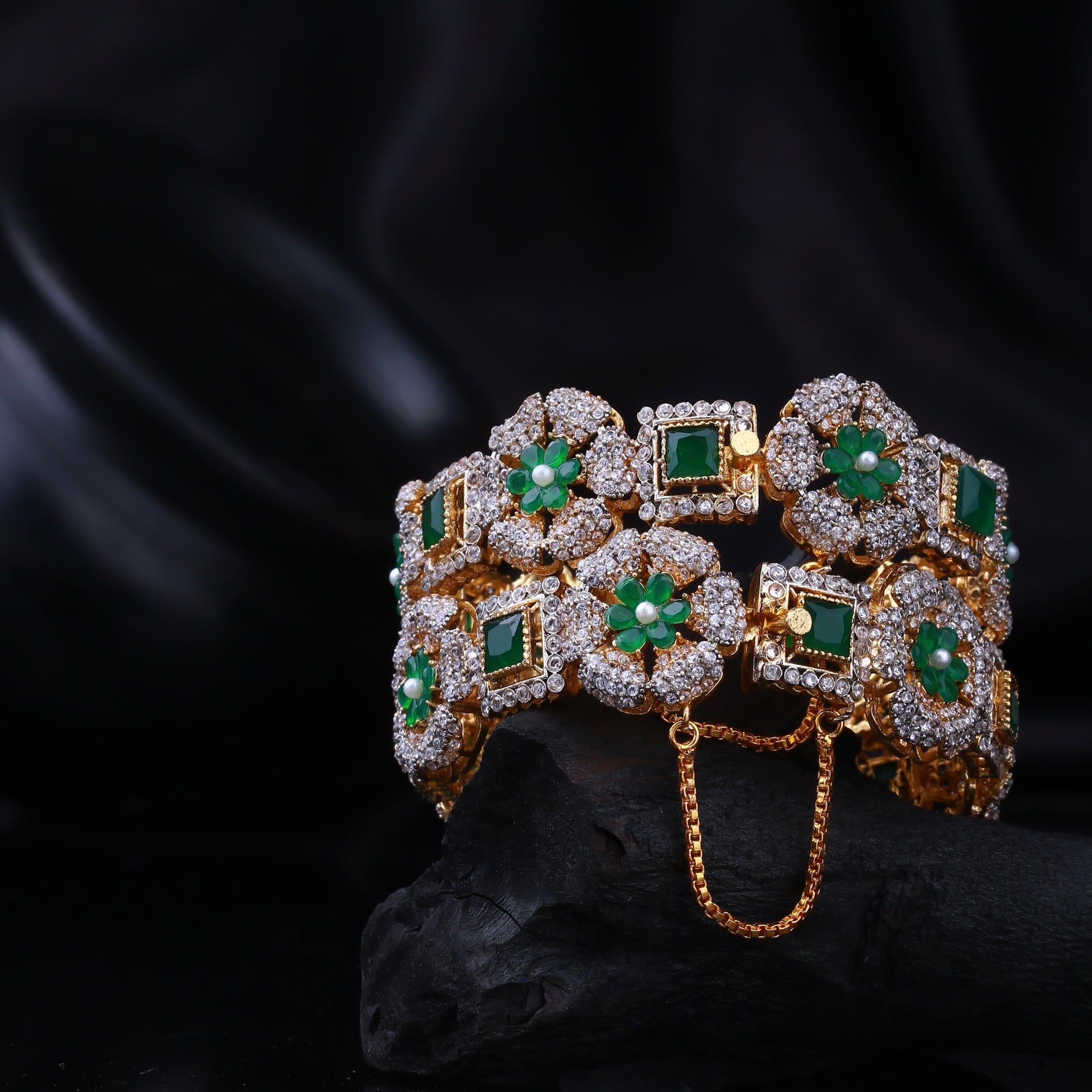 Regal Ruby & Emerald Floral Openable Bangle - Riwaaj