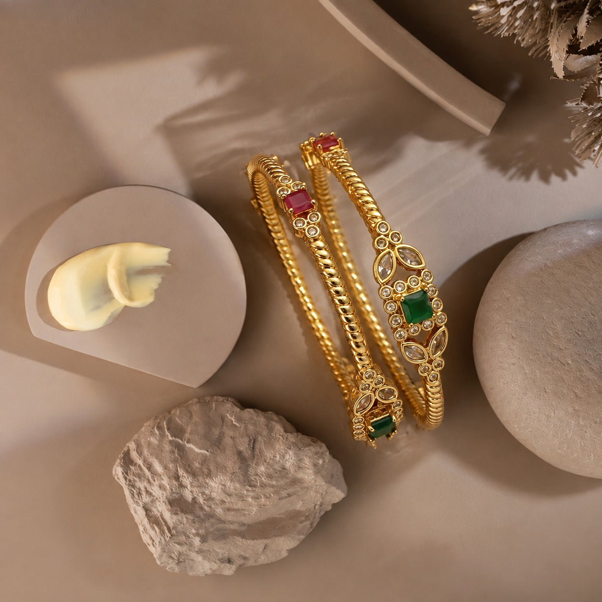 Naira Red & Green Stone Bangles (Pair)