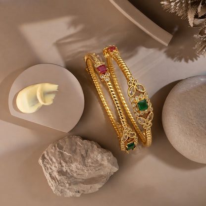 Naira Red & Green Stone Bangles (Pair)