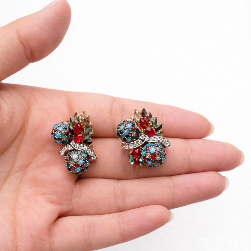 Sitara Stud Earrings – 22K Gold CZ Handmade Multi-Colour