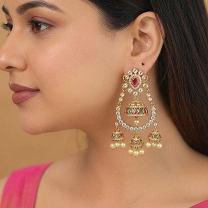 Royal Chandbali Jhumka Earrings – Heart Ruby, Kundan & Seed Pearl Drops