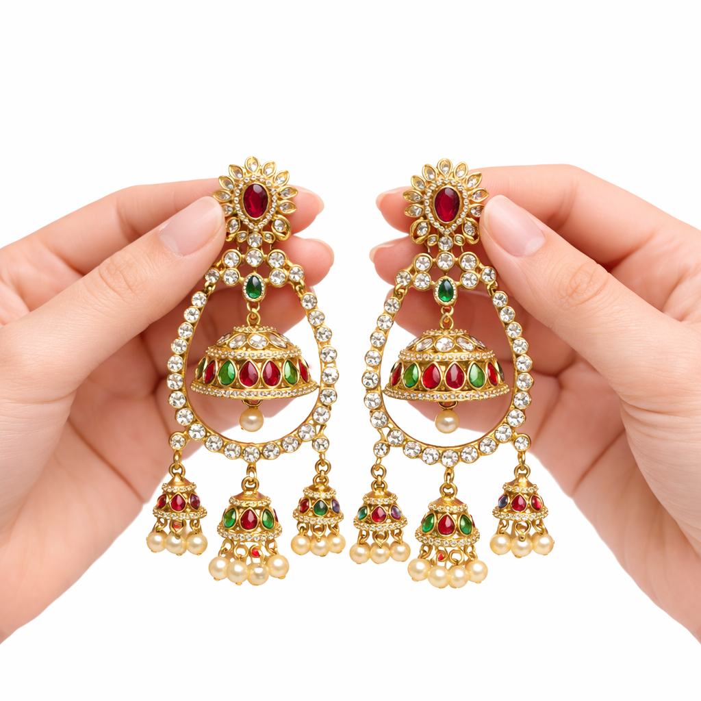 Royal Chandbali Jhumka Earrings – Heart Ruby, Kundan & Seed Pearl Drops