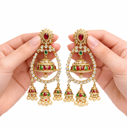 Royal Chandbali Jhumka Earrings – Heart Ruby, Kundan & Seed Pearl Drops