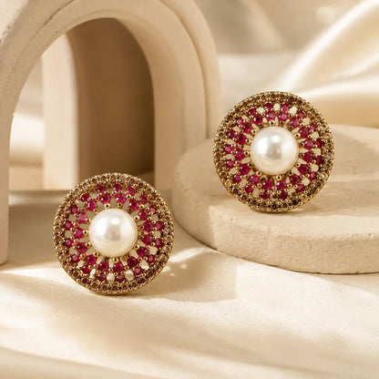 Pearl Zarmina ruby halo gold plated crystal statement stud earrings