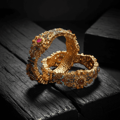 Navratan Heritage Bangles - Gold Plated Gemstone Bracelets - Riwaaj