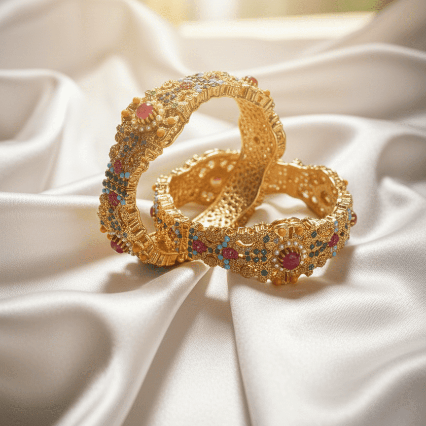 Navratan Heritage Bangles - Gold Plated Gemstone Bracelets - Riwaaj