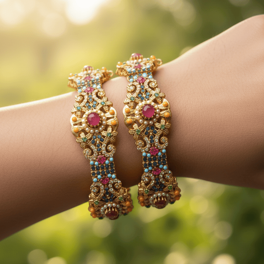 Navratan Heritage Bangles - Gold Plated Gemstone Bracelets - Riwaaj