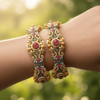 Navratan Heritage Bangles - Gold Plated Gemstone Bracelets - Riwaaj