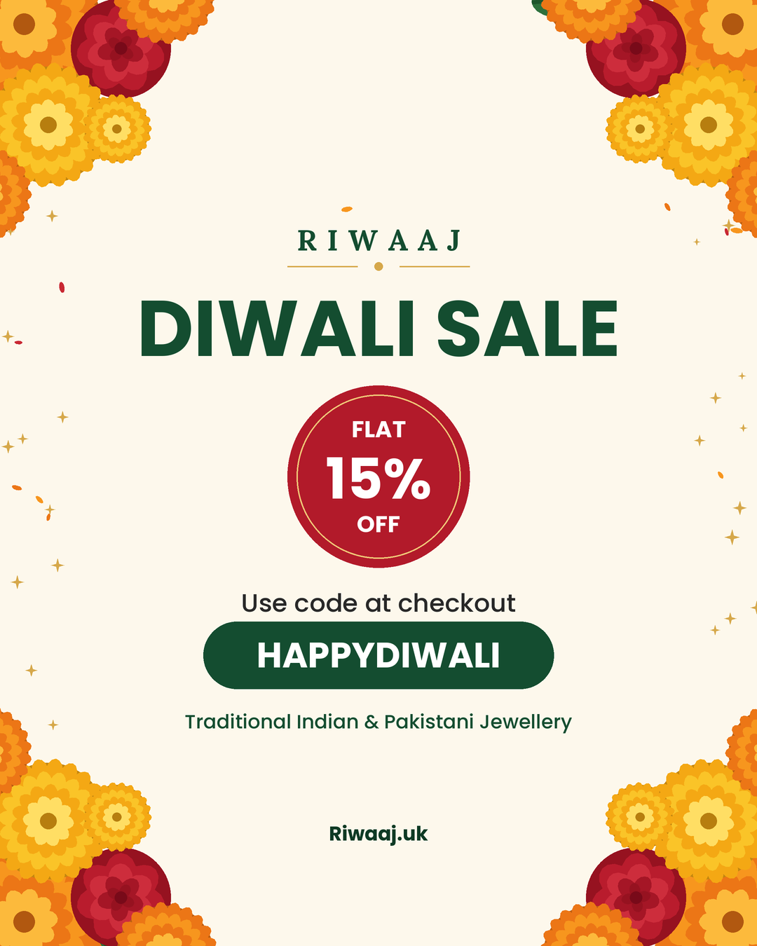 Riwaaj Diwali Sale – flat 15% off traditional Indian & Pakistani jewellery with code HAPPYDIWALI