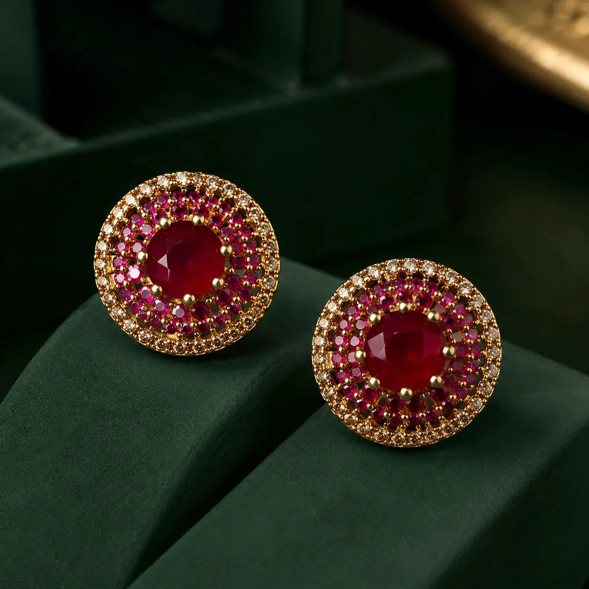 Ruby Zarmina ruby halo gold plated crystal statement stud earrings