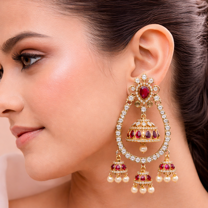 Royal Chandbali Jhumka Earrings – Heart Ruby, Kundan & Seed Pearl Drops