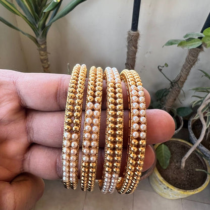 Gold Plated Pearl Bangle Set - 4 Piece with Beaded Design - Riwaaj