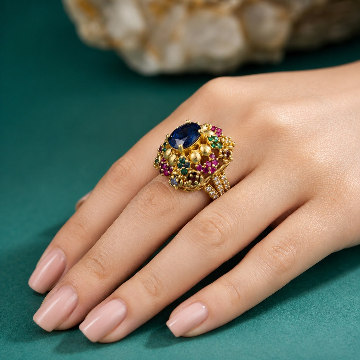 Handcrafted 22k Gold Statement Mosaic Cluster Ring
