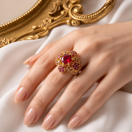 Handcrafted 22k Gold Statement Scalloped Ruby Cluster
