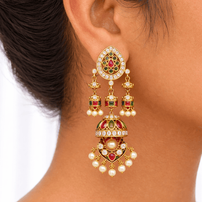 Mughal Mismatched Jhumka Earrings – Ruby, Emerald & Pearl Kundan Gold - Riwaaj