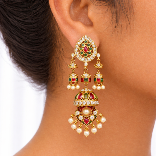 Mughal Mismatched Jhumka Earrings – Ruby, Emerald & Pearl Kundan Gold