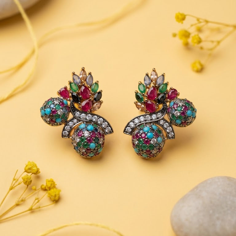 Sitara Stud Earrings – 22K Gold CZ Handmade Multi-Colour