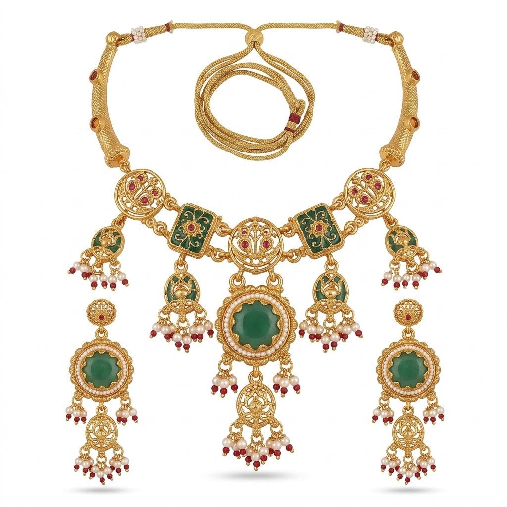 Royal Veridian Collar & Drop Earring Set - Riwaaj