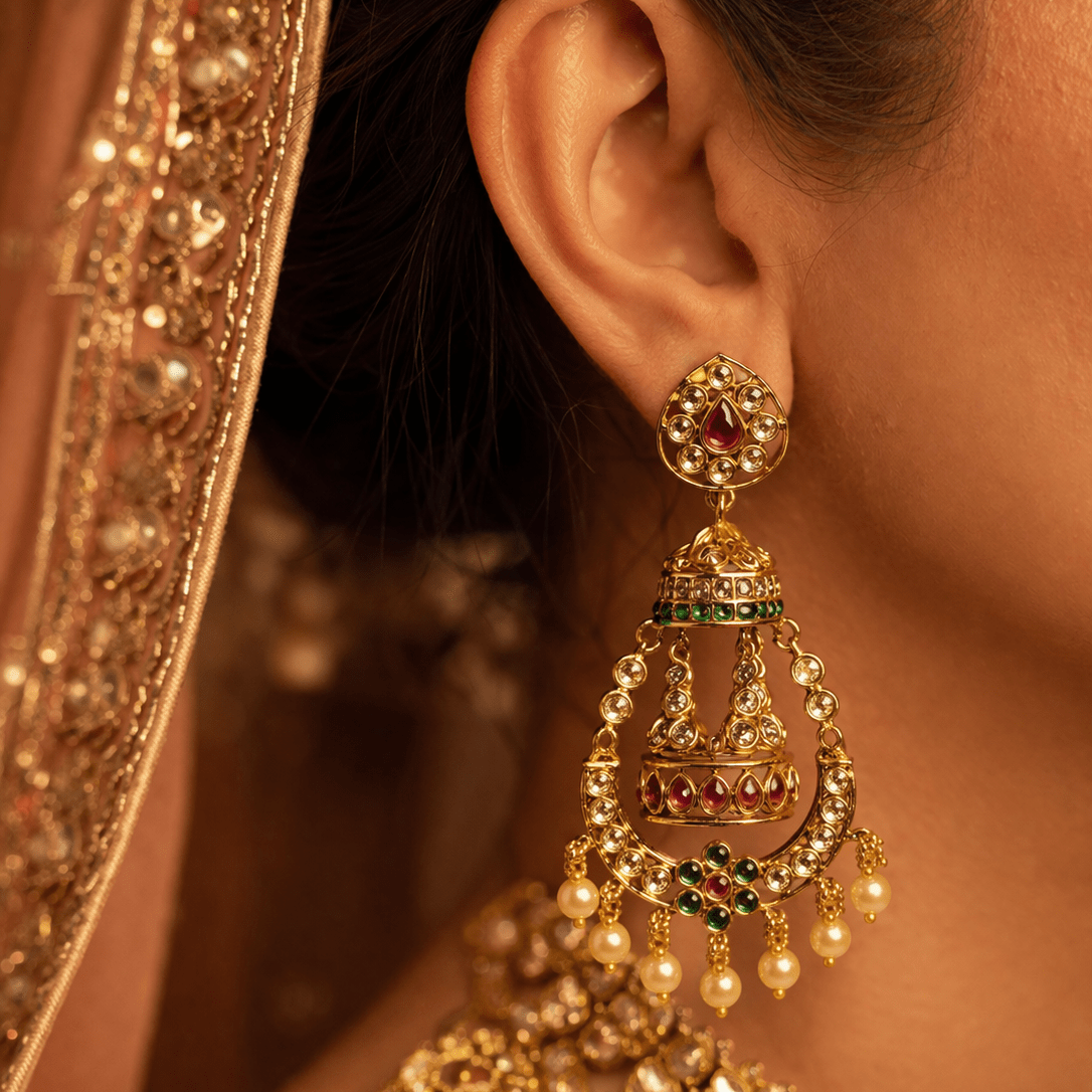 Zara Bridal Jhumka Earrings – Antique Gold Kundan with Pearl Drops - Riwaaj