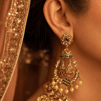Zara Bridal Jhumka Earrings – Antique Gold Kundan with Pearl Drops - Riwaaj