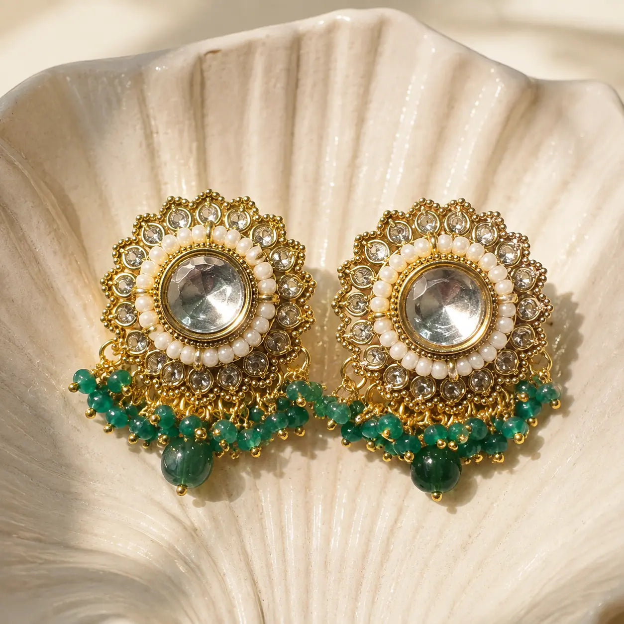 Noorani Green Kundan floral studs product view