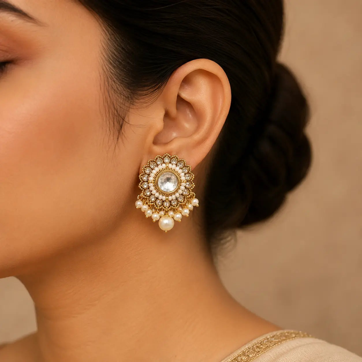 Noorani Pearl Kundan stud worn close-up