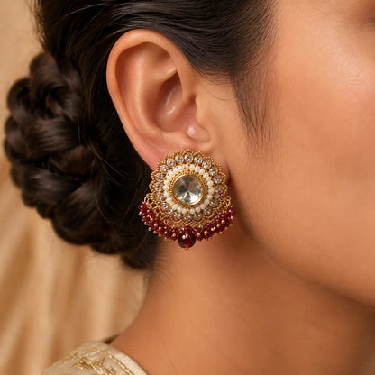 Noorani Red Kundan stud worn close-up