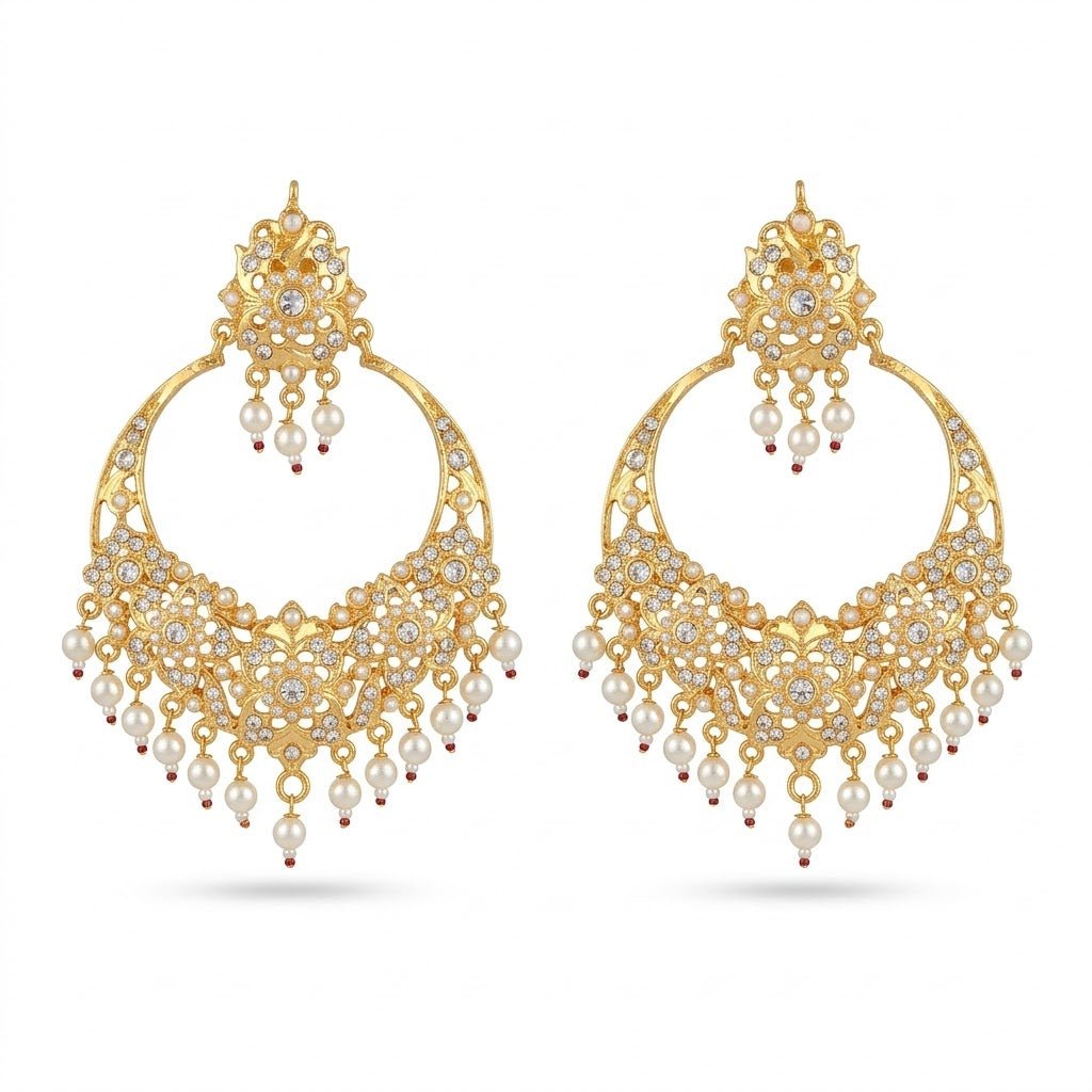 Gul - e - Rang Chandbali Earrings – 22K Gold Multicolour Kundan & Pearl Drops - Riwaaj