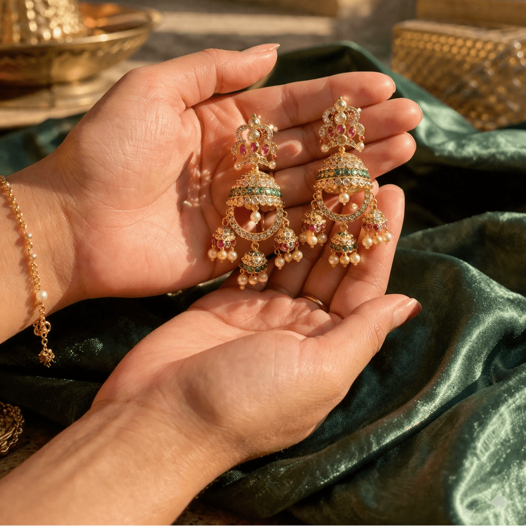 Zarina Jhumka Drop Earrings – Gold Kundan & Pearl - Riwaaj