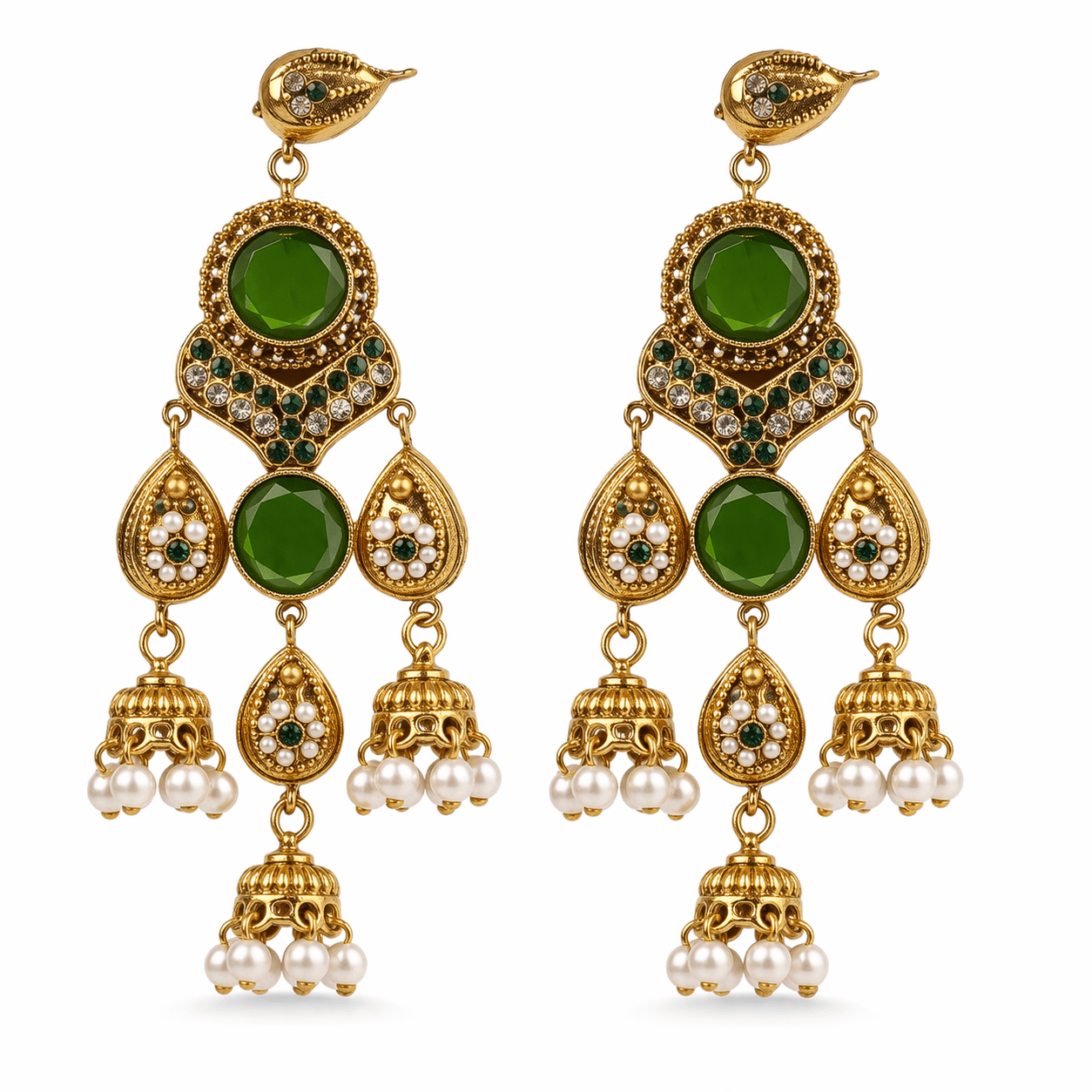 Antique Gold Jhumka Chandelier Earrings – Ruby Kundan & Pearl Drops - Riwaaj
