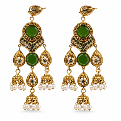 Antique Gold Jhumka Chandelier Earrings – Ruby Kundan & Pearl Drops - Riwaaj