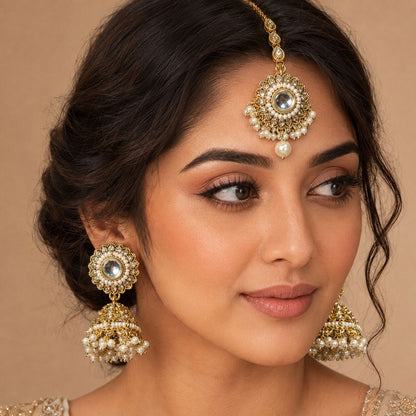 Anaya Pearl Kundan Chandbali Earrings and Teeka Set model view