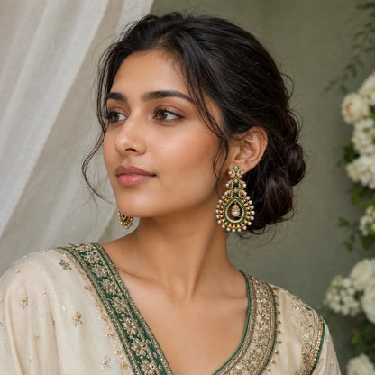 Mehrunisa Kundan Pearl Drop Statement Earrings - green model portrait