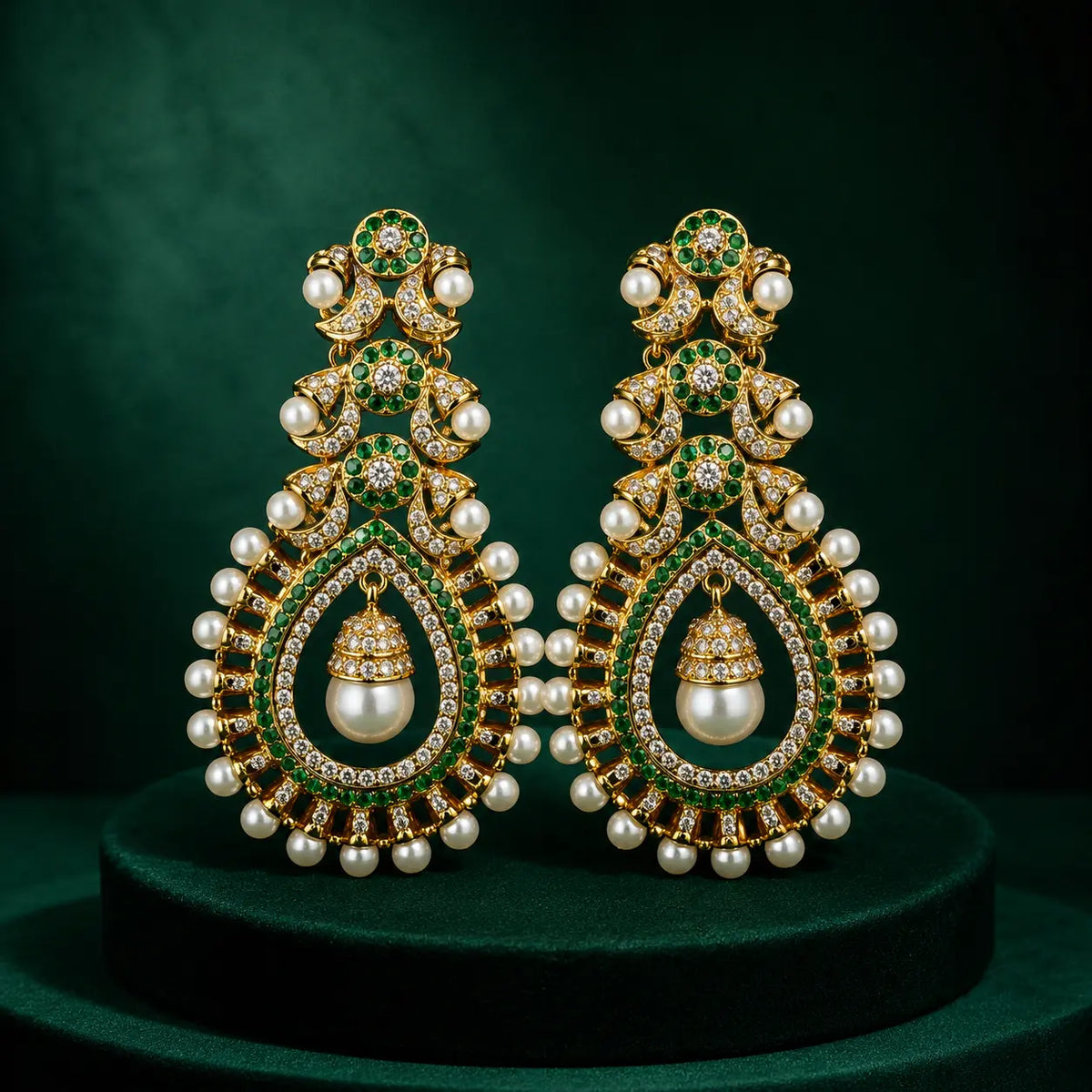 Mehrunisa Kundan Pearl Drop Statement Earrings - green solo hero
