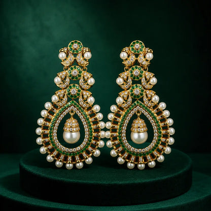 Mehrunisa Kundan Pearl Drop Statement Earrings - green solo hero
